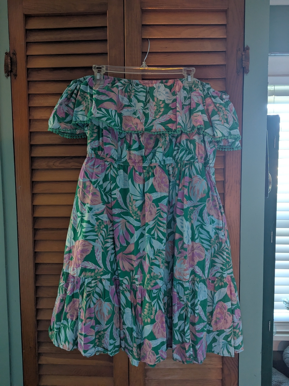 Terra & Sky Green and Pink Tropical Off-Shoulder Dress